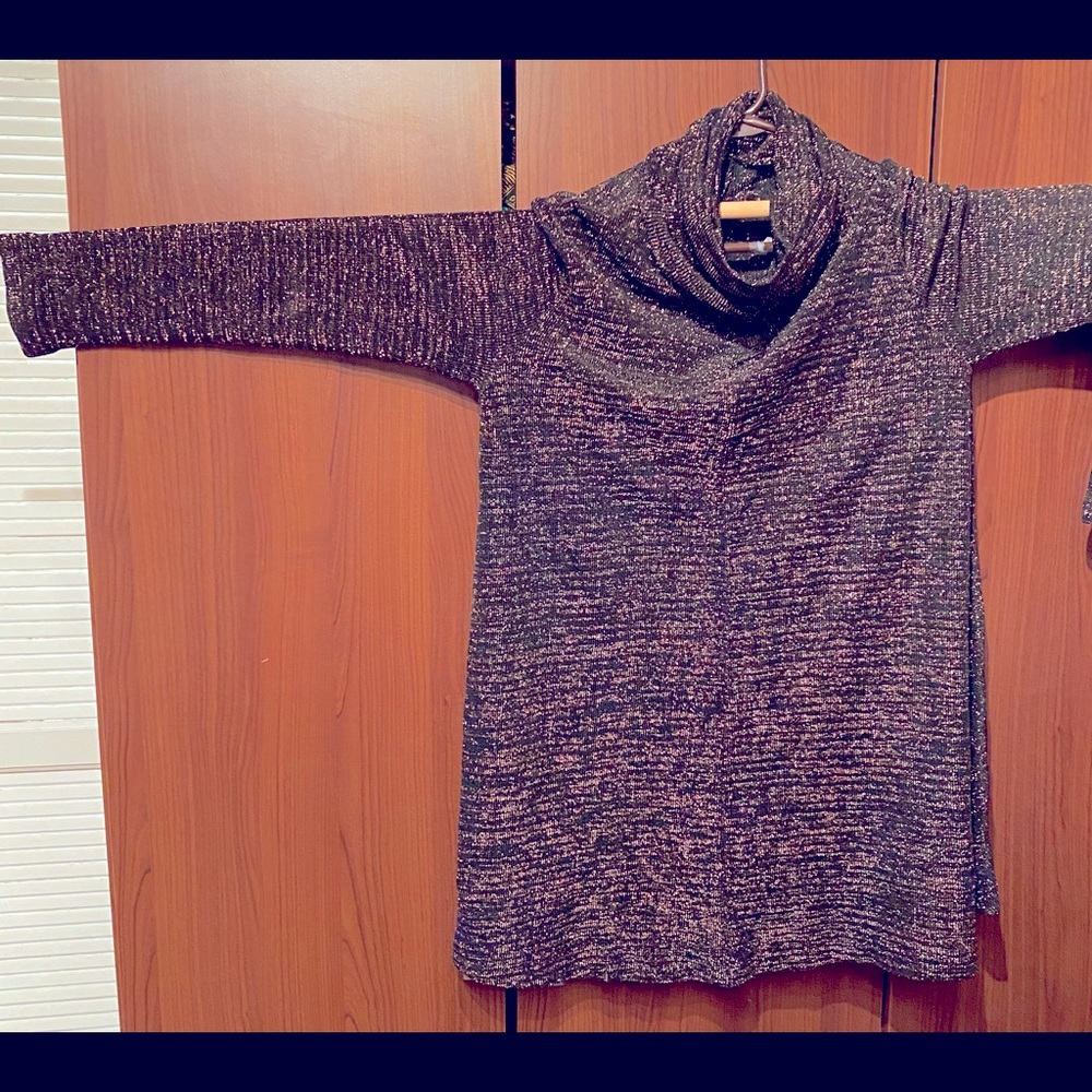 One of a kind, tunic, custom creation of jersey knit with metallic accents,